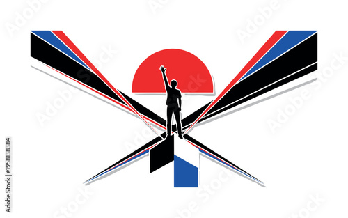 A monochrome silhouette figure standing on a geometric block, arm raised high, oversized semicircle above like a rising sun, intersecting diagonal lines