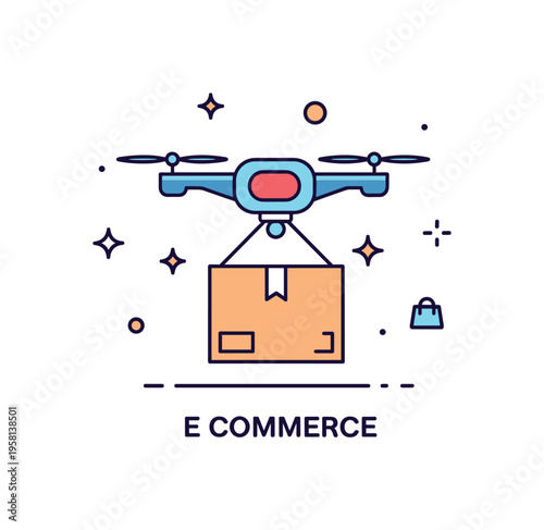 E commerce drone fulfillment concept centered on a drone lifting a branded parcel box with subtle sparkle accents, representing fast online retail delivery.