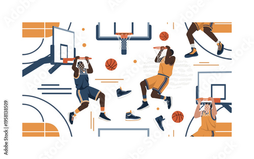 Basketball rim attack seamless pattern, players hanging on the rim after slam dunks with hoops basketballs sneakers and court elements arranged in a repeating