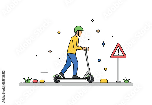 Scooter rider navigating safely around small obstacles on a sidewalk, highlighting attention, control, and everyday street activity. Minimalist flat vector