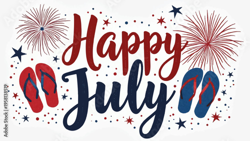 Happy July 4th celebration text with fireworks and flip flops vector