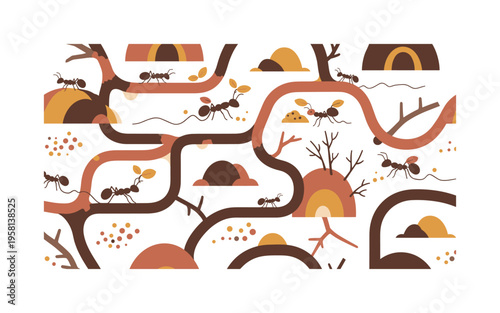 insect colony seamless pattern, ants moving in lines, carrying leaves and crumbs, exploring anthills, tunnels and twigs arranged in a repeating pattern, white