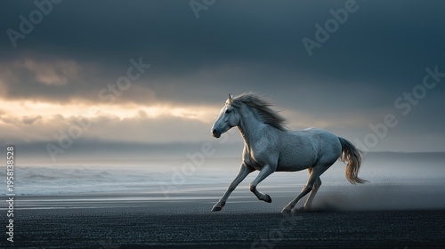White horse runs galloping across dark volcanic sand beach with ocean waves under dramatic cloudy sky with warm golden sunset glow
