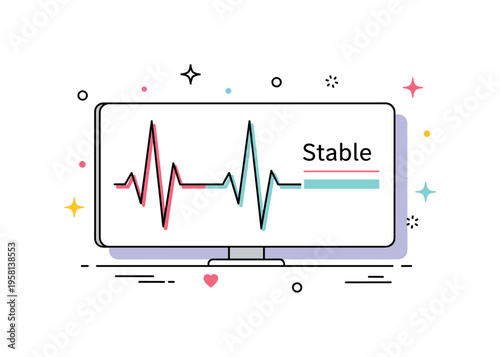 Healthy heart rhythm displayed on a bedside monitor with smooth repeating ECG peaks and a subtle label Stable, expressing reassurance and positive recovery