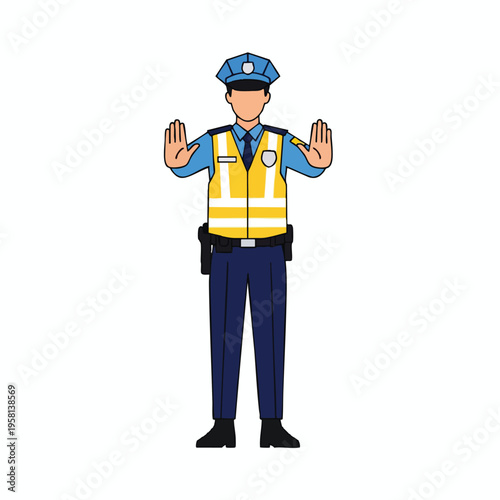 Officer in uniform with reflective vest, arms raised in stop signal