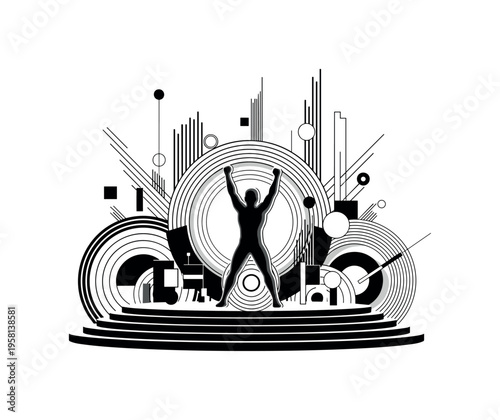 victory pose on stage, geometric circles lines and abstract blocks symbolizing power and success, black and white retro realistic figure with layered cut-out