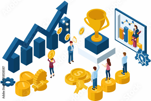 Isometric illustration depicting business success growth and financial achievement
