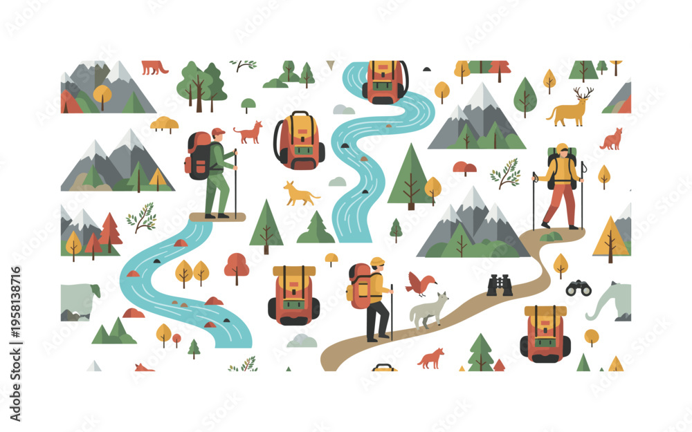 Fototapeta premium hiking adventure seamless pattern, hikers on mountain trails, backpacks, walking sticks, binoculars, rivers, trees and animals arranged in a repeating pattern,