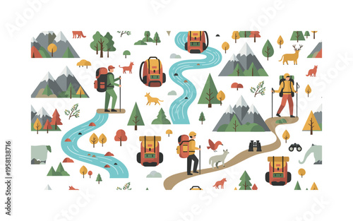 hiking adventure seamless pattern, hikers on mountain trails, backpacks, walking sticks, binoculars, rivers, trees and animals arranged in a repeating pattern,