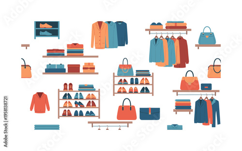 closet organization motifs seamless pattern, repeating pattern, surface design, textile print, modern illustration of folded clothes, shoe racks, handbags, and
