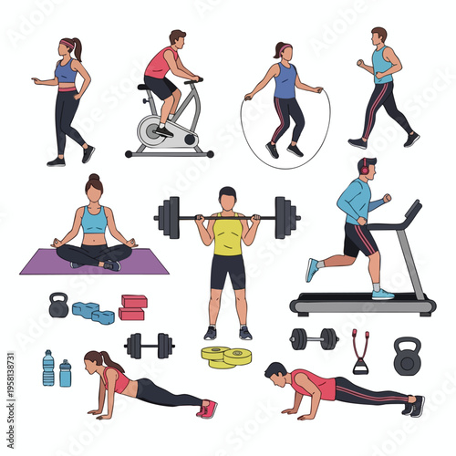 Diverse people engaged in various fitness activities and exercises