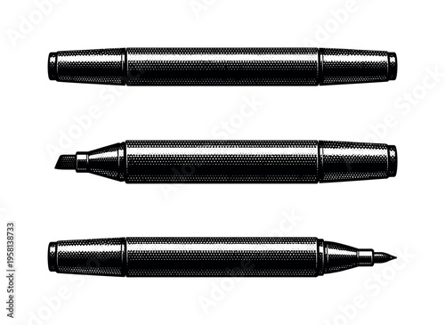 Highlighter ? dual-tip highlighter. A realistic dual-tip highlighter depicted as the same object in three views, highlighting dual-ended construction, cap