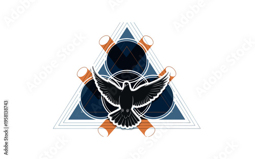 black and white dove with three circular halos intersecting behind it representing spiritual trinity, white outline cut-out effect, abstract geometric lines