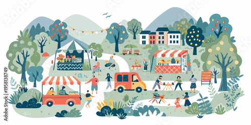 A vibrant outdoor market scene with people stalls and a festive atmosphere