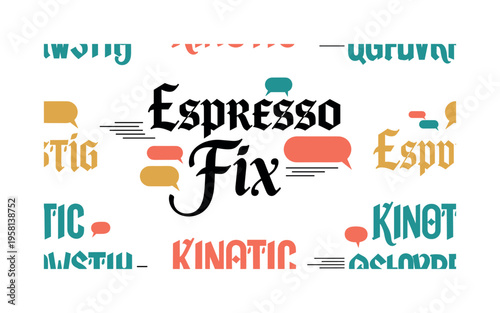 Espresso Fix. lettering and all elements in black. Vector style. AWhite background. Pure white background. Perfect isolation and visual consistency.