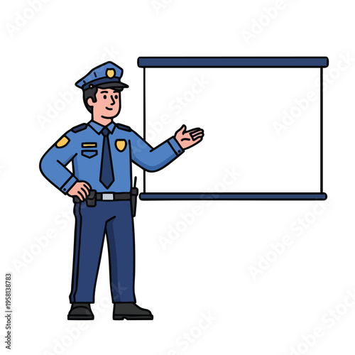 Cartoon police officer presents a blank whiteboard with a friendly gesture