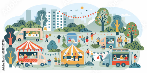 A vibrant outdoor food festival scene with food trucks and people