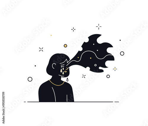 Isolated cry illustration centered on a minimal silhouette with a single bold wave line expanding into surrounding darkness, expressing vulnerability and
