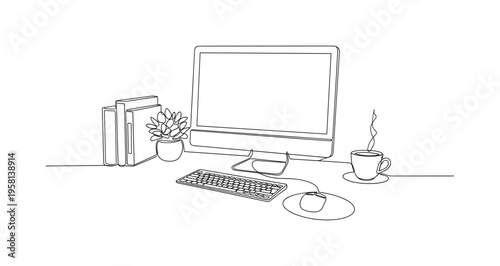 Coding Environment. Minimalistic one-line drawing developer desk with organized workspace including computer and peripherals, continuous single black line on
