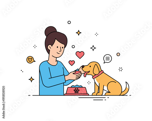 Caring for a pet owner gently feeding a happy dog beside a bowl and water dish while small hearts suggest affection and trust. Warm concept representing daily