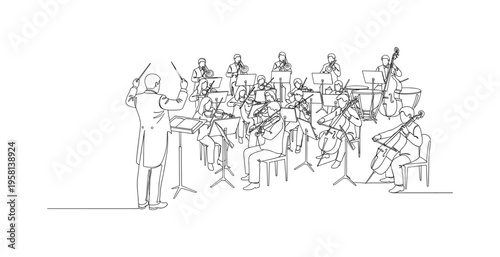 Orchestra Musical Performance. Minimalistic one-line drawing conductor leading orchestra with raised baton, continuous single black line on white background,