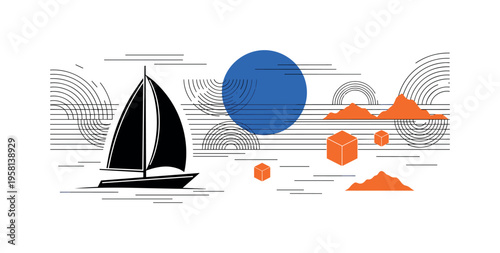 minimal beach horizon with black and white sailboat on water, cut-out boat with white contour outline, bold blue circle sun behind the horizon line, geometric