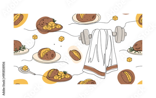 Baked potato comfort food seamless pattern, baked potatoes butter cubes herbs and small plates arranged in a repeating pattern, white background with warm