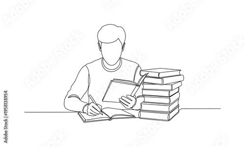 Personal Growth Study. Minimalistic one-line drawing person at desk writing notes while reading books, representing continuous self-improvement, continuous