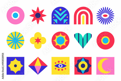 Colorful abstract geometric shapes and icons arranged in a grid pattern