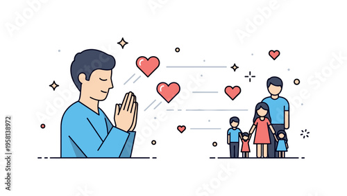 Praying for loved ones peaceful person with folded hands while heart icons and gentle light lines extend toward family figures nearby. The scene symbolizes