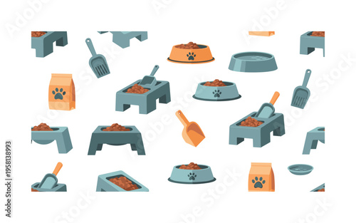 pet feeding station bowls kibble bags scoops and water dishes illustrated as playful pet supply motifs, flat vector rounded shapes, rich modern palette with ?