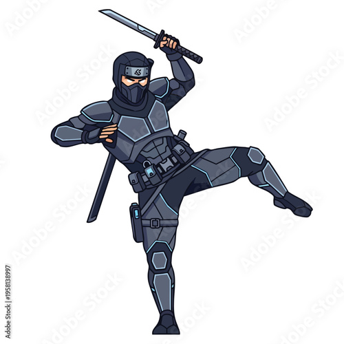 A stylized ninja in dark armor, mid-kick, holds a katana aloft