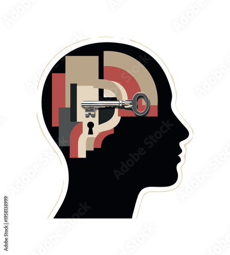 black-and-white head silhouette with a key inserted near the temple unlocking abstract shapes inside, geometric rectangles and arcs symbolizing