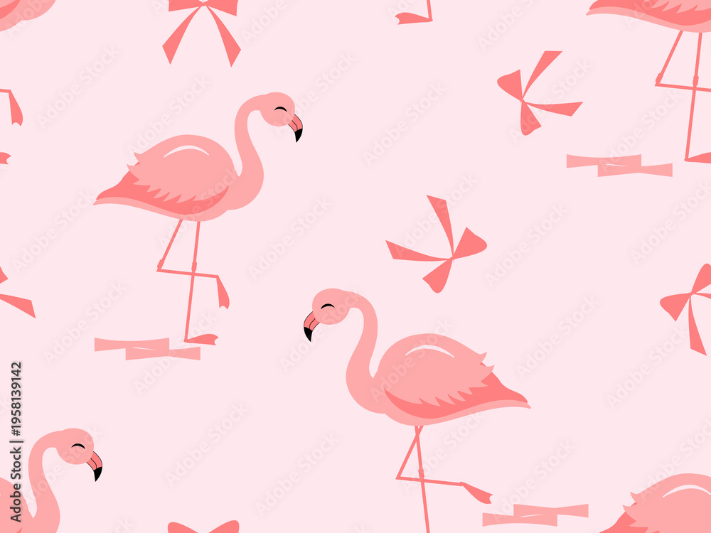 Fototapeta premium Seamless flamingo pattern with bows on pastel pink background for fabric, wallpaper, wrapping paper and textile design.