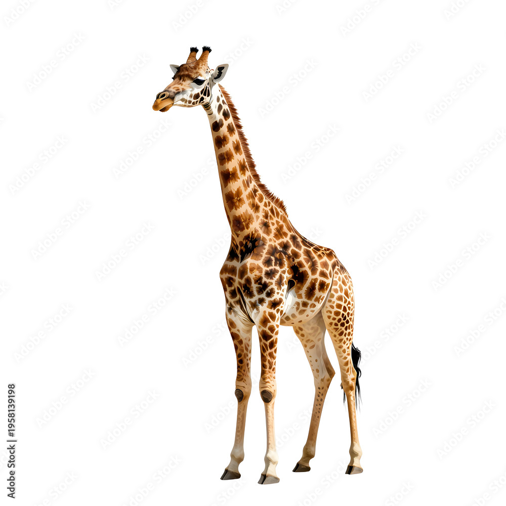 Fototapeta premium Graceful giraffe stands tall with its distinctive spotted coat against a white backdrop