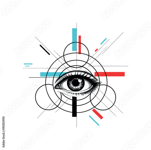 monochrome eye with three concentric circles forming triangular alignment around it representing divine trinity awareness, geometric rectangles and diagonal