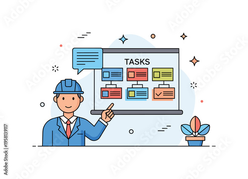 Project leadership and task coordination illustrated with a manager icon pointing toward a digital board displaying task cards labeled ?Tasks?. The scene