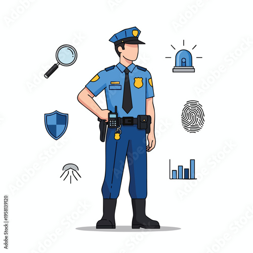 Animated illustration of a police officer with crime-fighting symbols