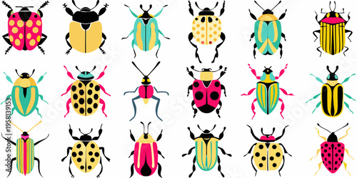 A colorful collection of various patterned beetles displayed in a grid format