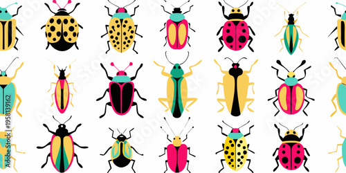 A colorful pattern featuring various illustrated beetles on a white background