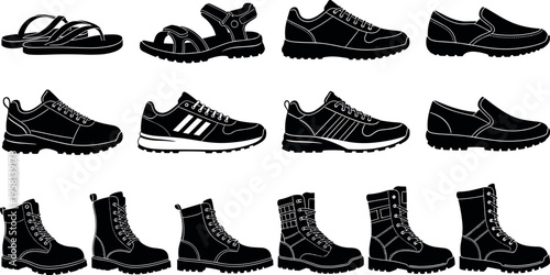 Men footwear silhouette set including sneakers boots sandals and formal shoes, black outline collection of different male shoe styles isolated on white background