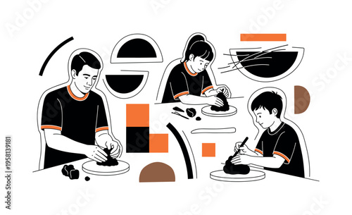 adult and kids sculpting clay abstract semicircles lines and geometric blocks symbolizing hands-on art education black and white retro human figures and clay