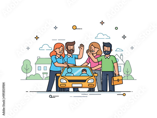 Friends picking each other up for carpooling, smiling and waving, with a suburban street and trees in the background, symbolizing connection and convenience.