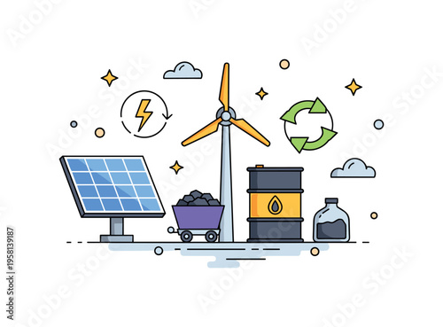 Sustainable power future featuring a solar panel and wind turbine replacing fossil fuel symbols like a coal cart and oil barrel. The scene conveys progress