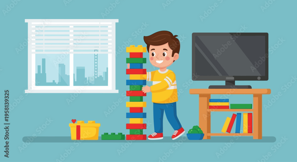 Fototapeta premium Young boy playing with blocks near television.