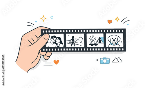 Film roll storytelling. A hand holding developed negatives, small frames revealing captured memories. Nostalgic mood and appreciation of imperfection with