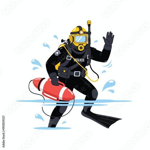 A rescuer in scuba gear wades through water, holding a life buoy and waving