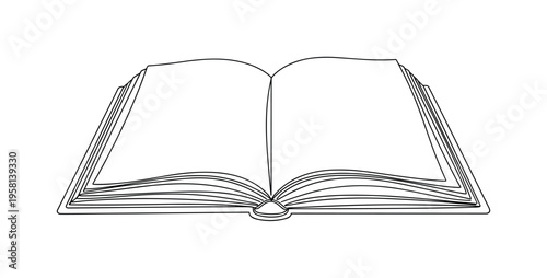 Children?s Open Book. Minimalistic one-line drawing open illustrated book with visible pages spread, continuous single black line on white background, simple