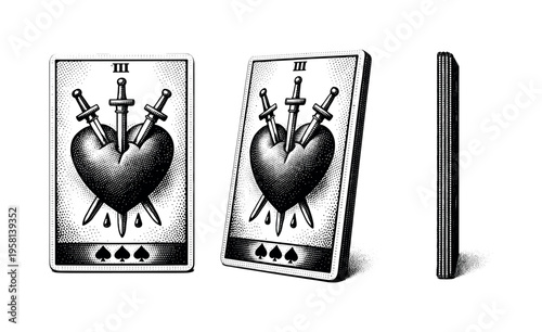 Tarot card Minor Arcana A realistic Minor Arcana tarot card with suit symbols and balanced layout, displayed in three views such as front view, angled view,