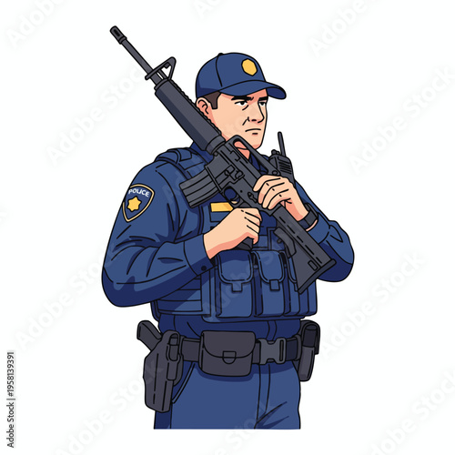 Officer in blue uniform with tactical vest, holding rifle, wearing cap